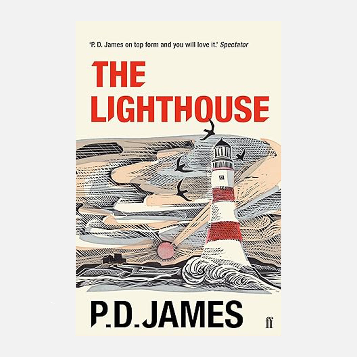 Book cover illustration of a red and white lighthouse