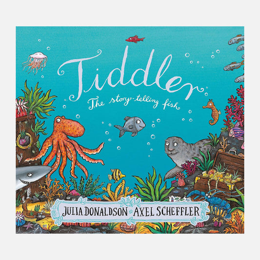 Tiddler the story telling fish with underwater illustration and treasure chest