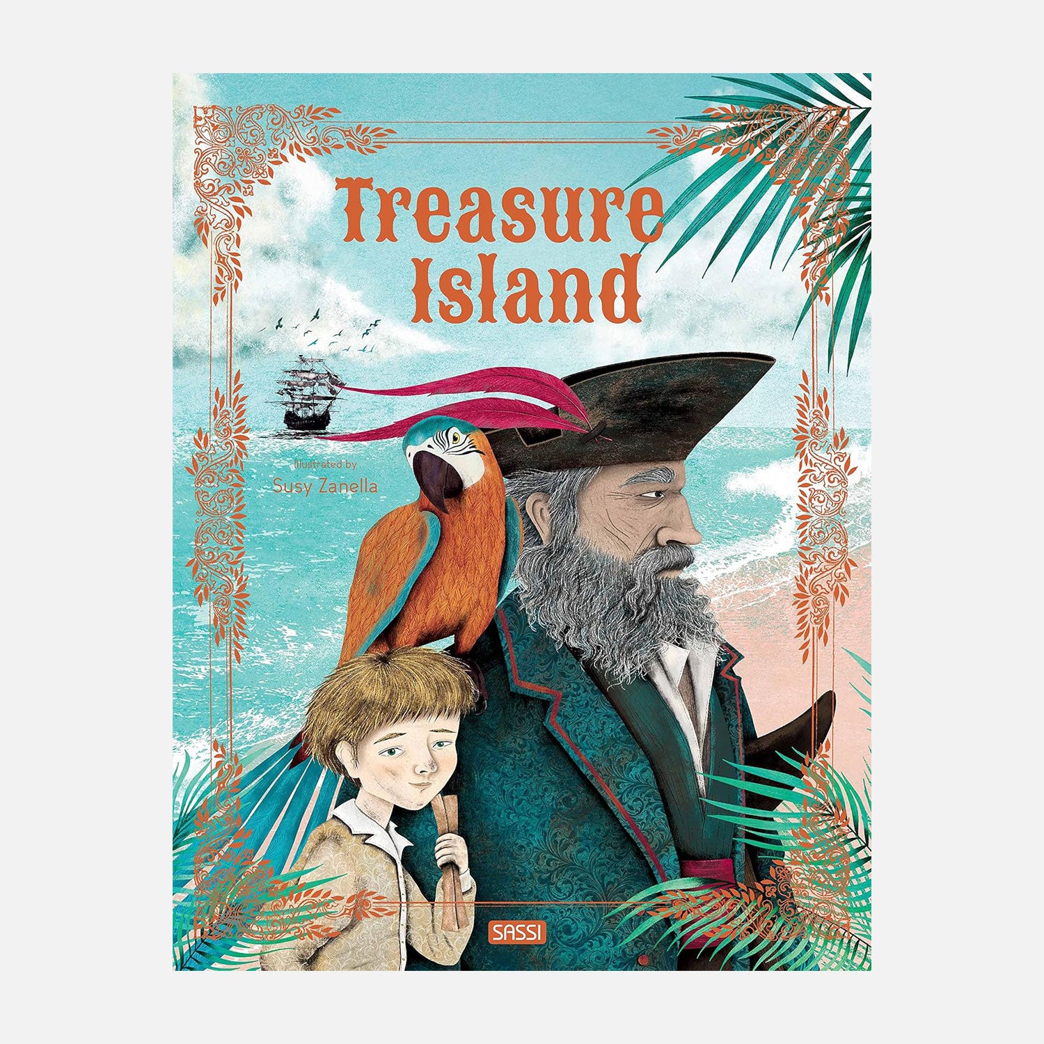Treasure Island Picture book with pirate, parrot and boy under a palm tree