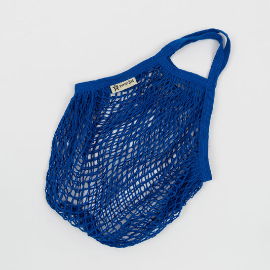 blue string shopping bag with short handles