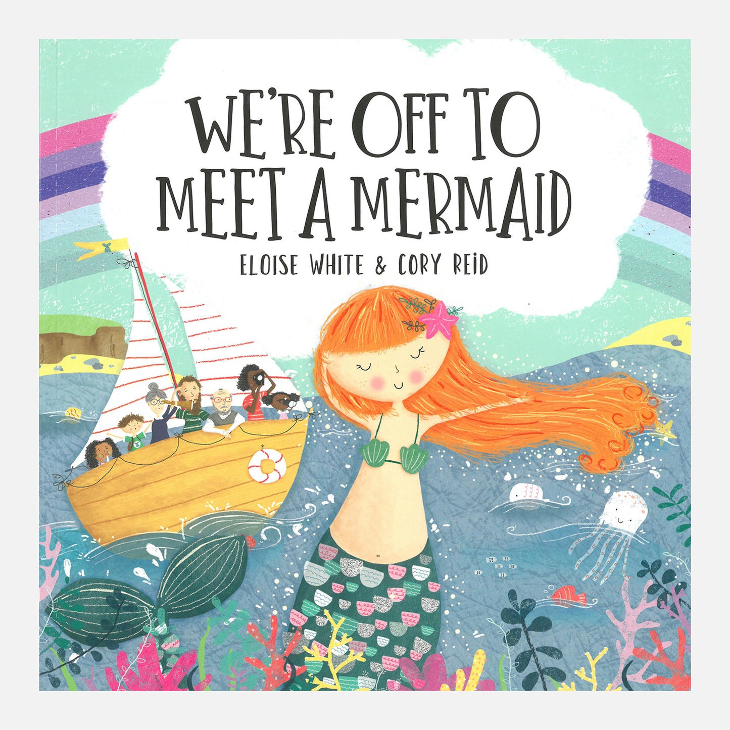 We're off to meet a mermaid book with drawing of a mermaid in the sea with a boat full of people in the background