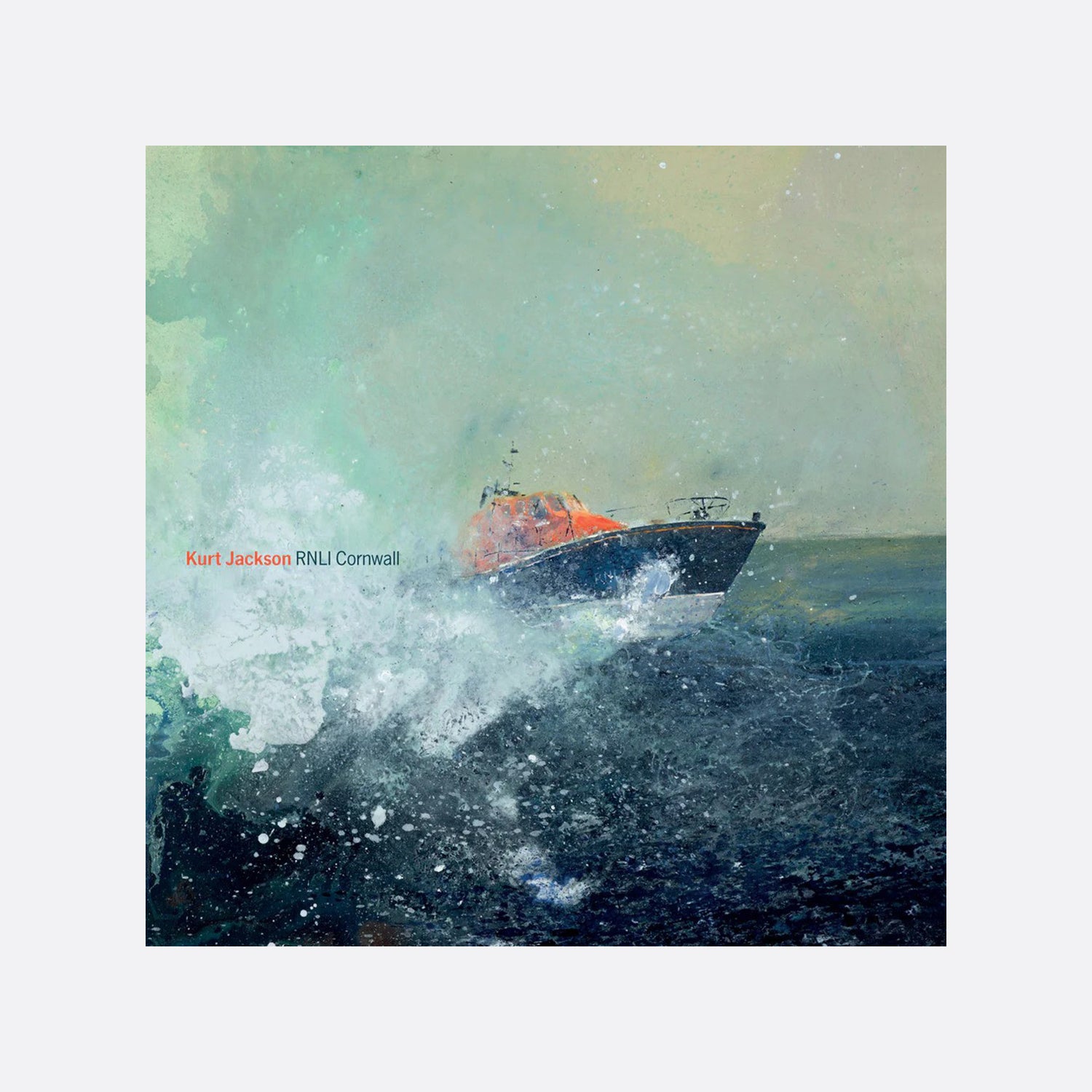 A painting of a lifeboat breaking through waves.